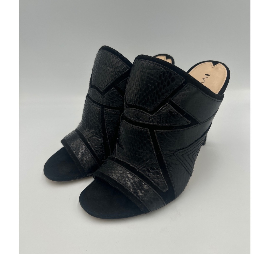 Via Spiga Black Leather Suede Snakeskin Patchwork Open Toe Mules Heels Size 9